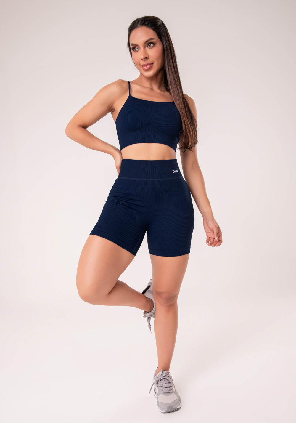 Bermuda Fitness Feminina Azul Marinho Canelada Com Cós Alto Seamless+ Dlk