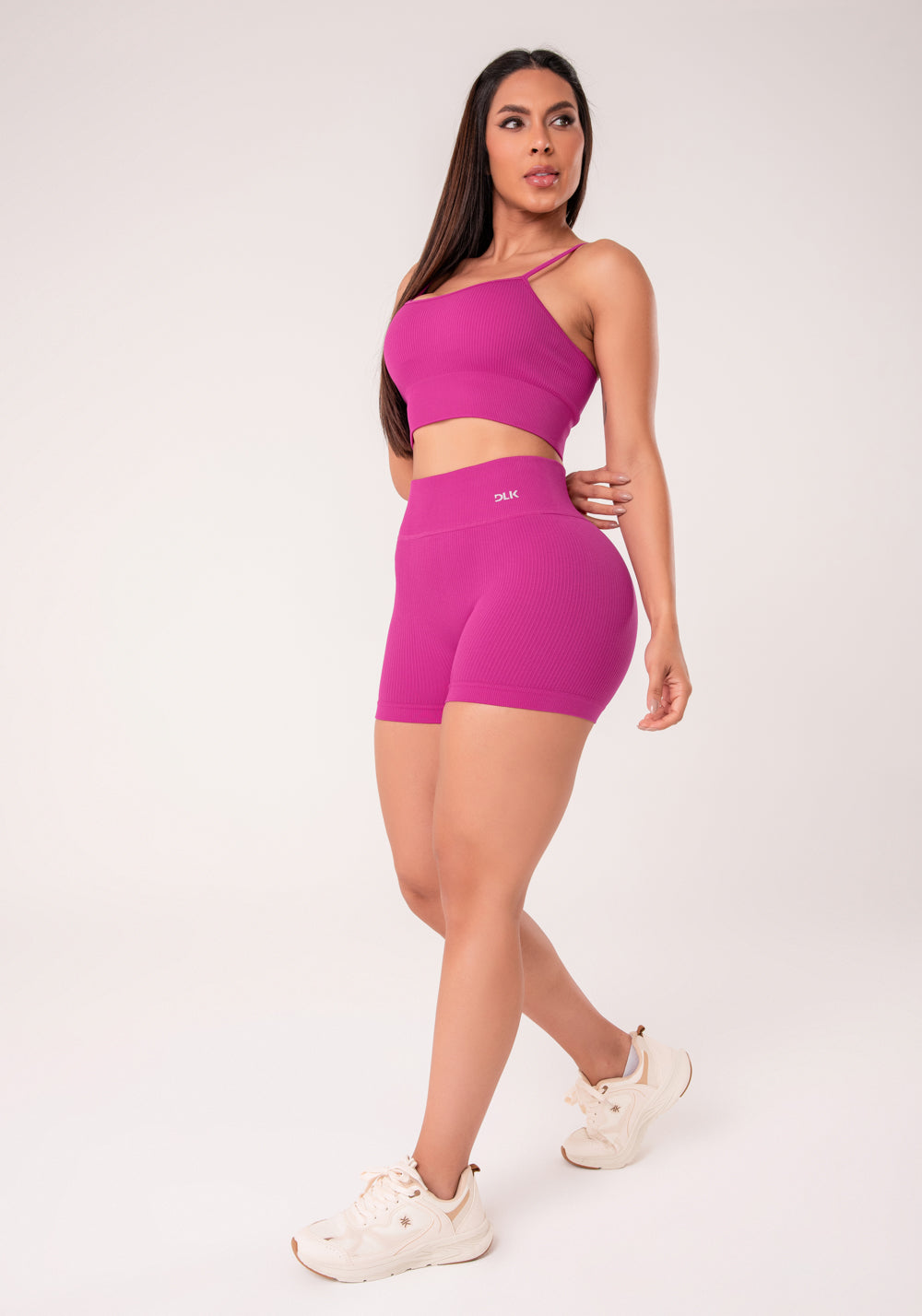 Short Fitness Feminino Fúcsia Canelado Com Cós Alto Seamless+ Dlk