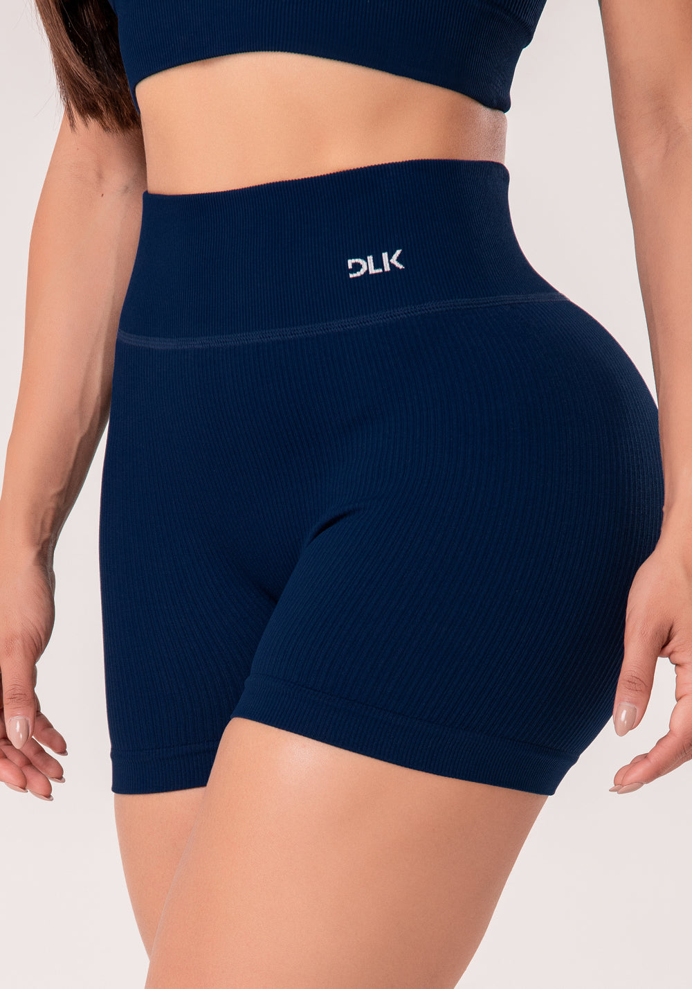 Short Fitness Feminino Azul Marinho Canelado Com Cós Alto Seamless+ Dlk