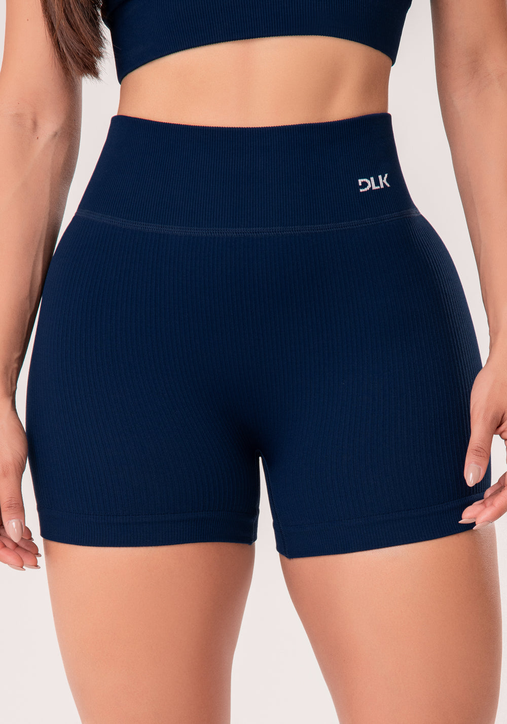 Short Fitness Feminino Azul Marinho Canelado Com Cós Alto Seamless+ Dlk
