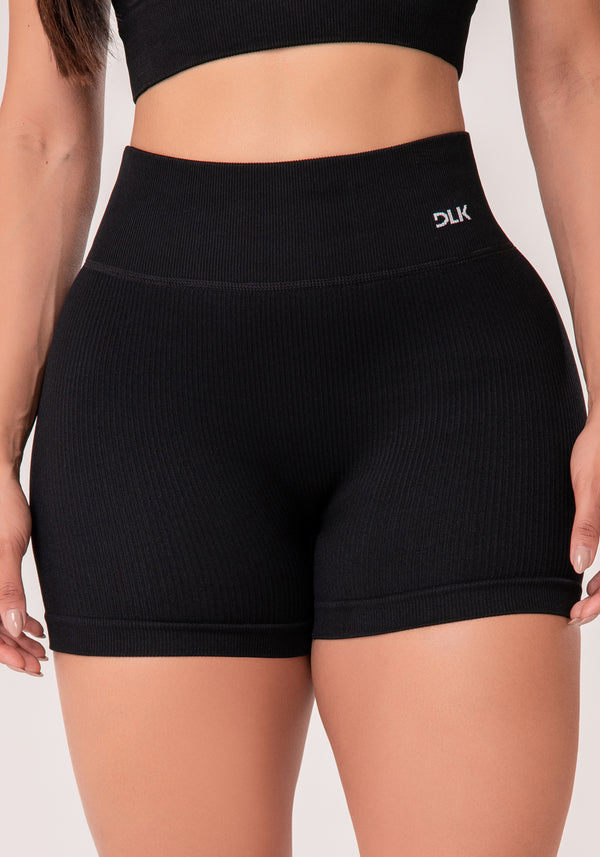 Short Fitness Feminino Preto Canelado Com Cós Alto Seamless+ Dlk