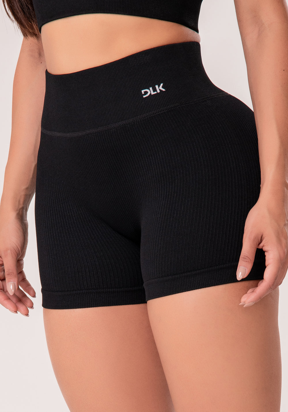 Short Fitness Feminino Preto Canelado Com Cós Alto Seamless+ Dlk