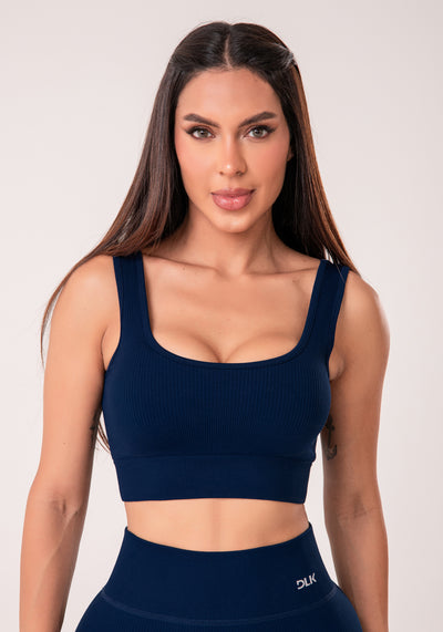 Top Fitness Feminino Azul Marinho Canelado Com Bojo Seamless+ Dlk