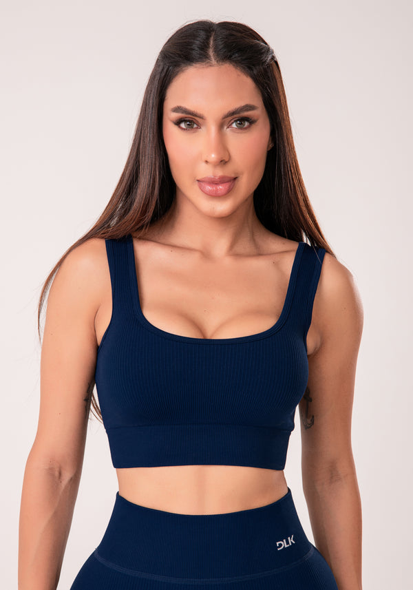 Top Fitness Feminino Azul Marinho Canelado Com Bojo Seamless+ Dlk