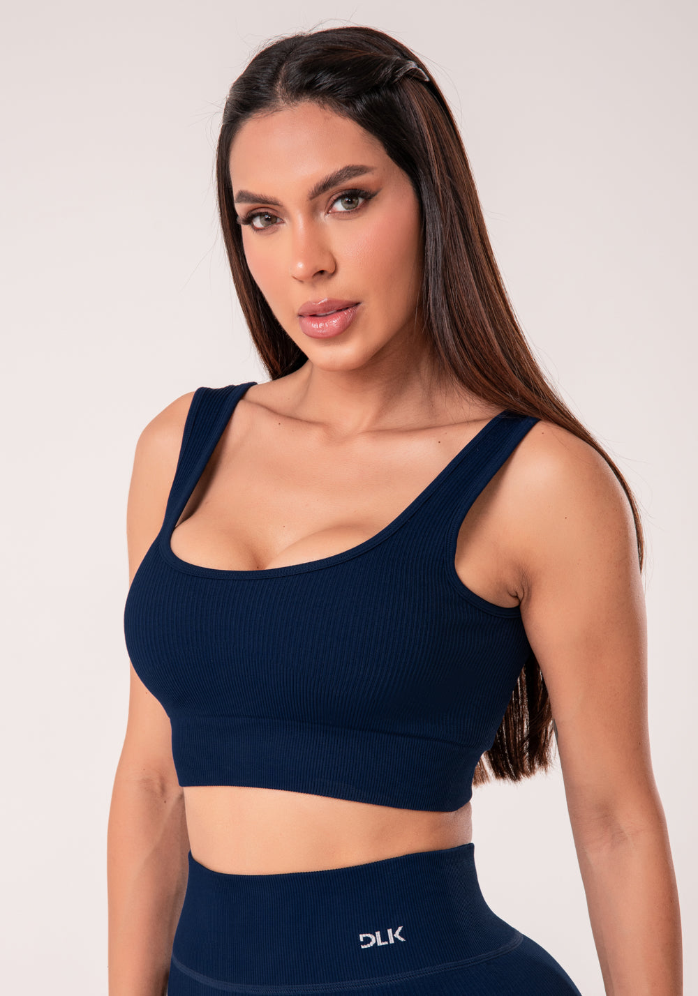 Top Fitness Feminino Azul Marinho Canelado Com Bojo Seamless+ Dlk