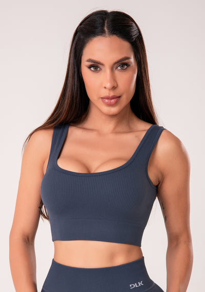 Top Fitness Feminino Cinza Chumbo Canelado Com Bojo Seamless+ Dlk