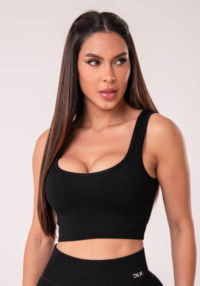 Top Fitness Feminino Preto Canelado Com Bojo Seamless+ Dlk