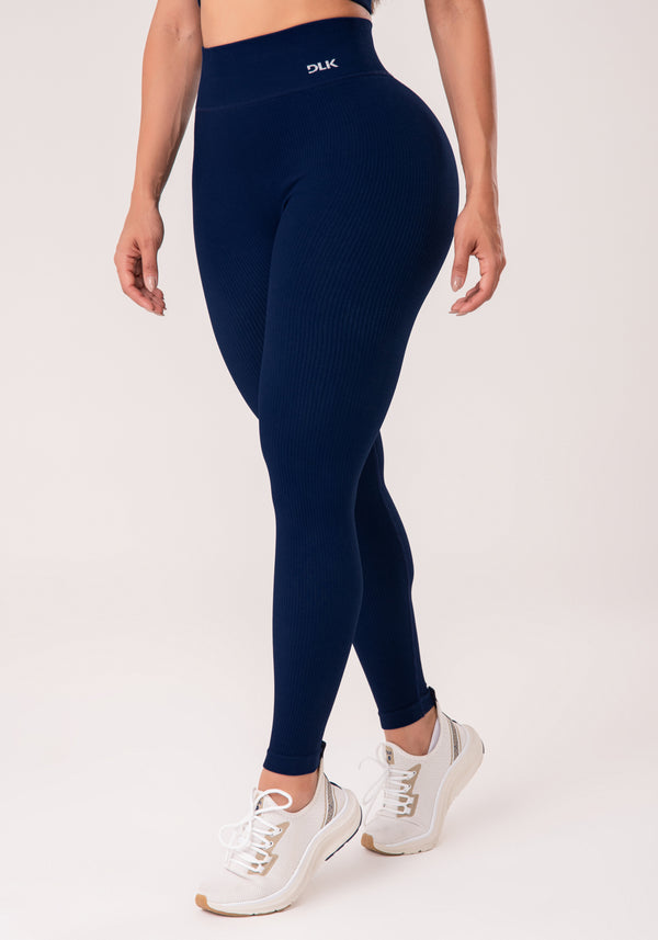 Legging Fitness Feminina Azul Marinho Canelada Com Cós Alto Seamless+ Dlk