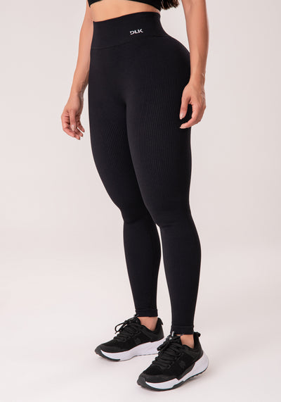 Legging Fitness Feminina Preto Canelada Com Cós Alto Seamless+ Dlk