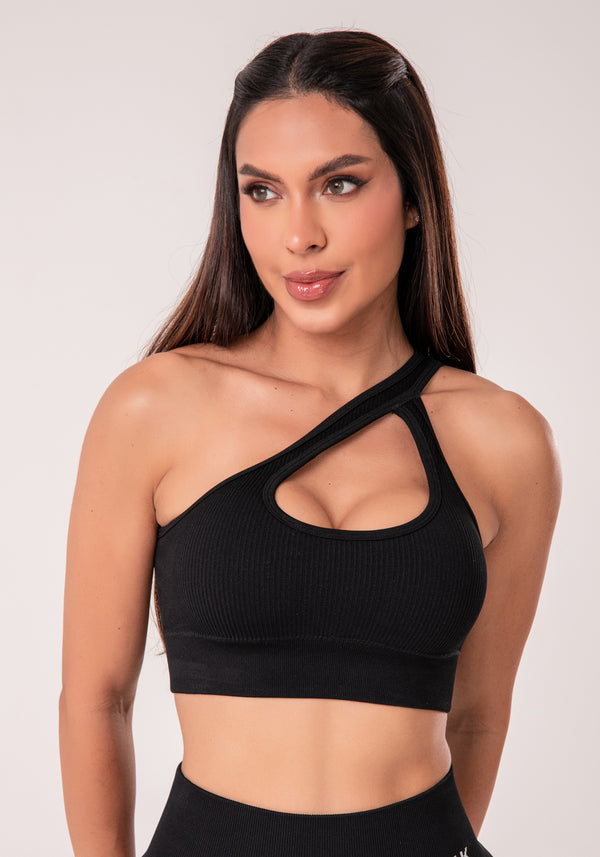 Top Fitness Feminino Preto Canelado Com Bojo E Detalhe Vazado Seamless+ Dlk