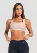 Top Fitness Feminino Nude Com Decote Reto Com Recortes Dlk