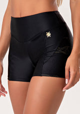 Short Fitness Feminino Preto Com Recortes E Fios Dourados Lush Dlk