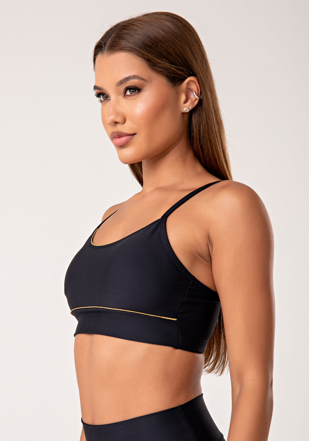 Top Fitness Feminino Preto Com Bojo E Detalhe Em Lurex Lush Dlk