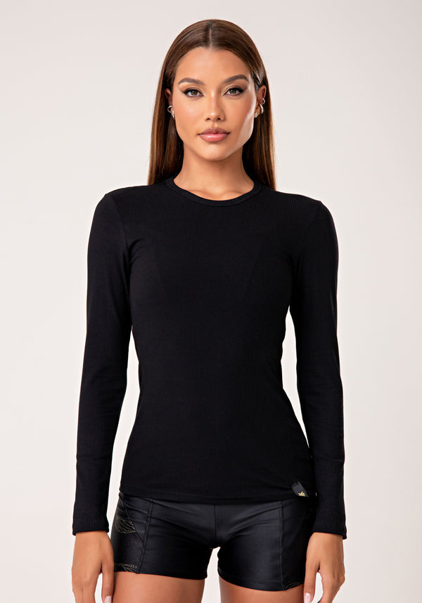 Blusa Feminina Manga Longa Preto Canelada Lush Dlk
