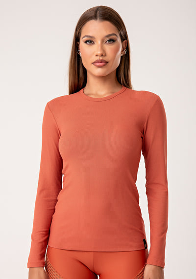 Blusa Feminina Manga Longa Terracota Canelada Lush Dlk