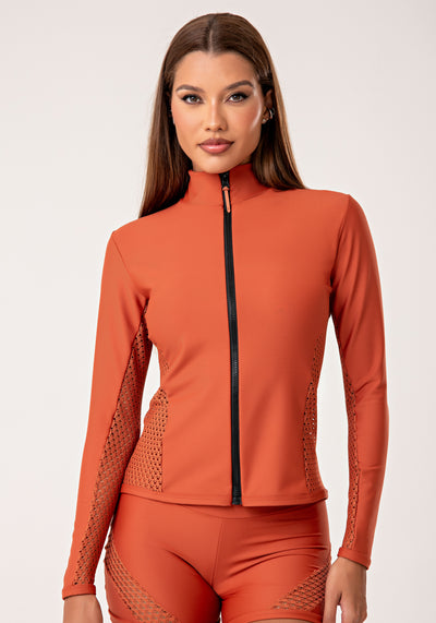 Casaco Feminino Terracota Com Zíper E Detalhe Em Tela Lush Dlk
