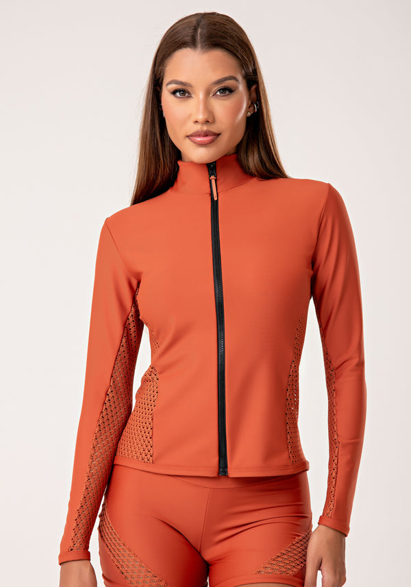 Casaco Feminino Terracota Com Zíper E Detalhe Em Tela Lush Dlk