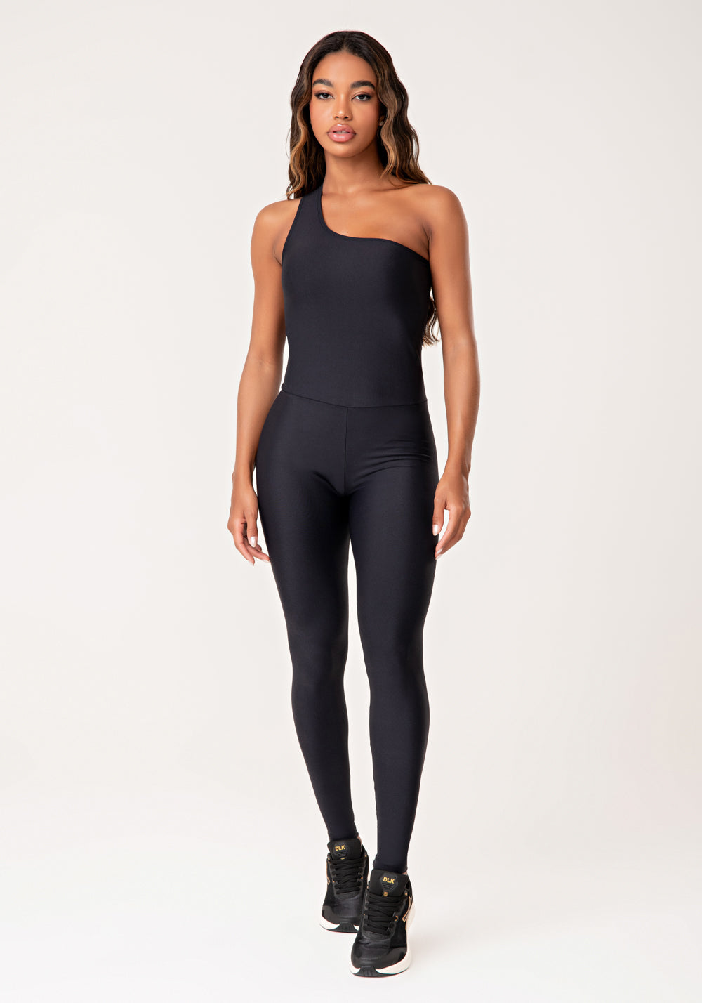 Macacão Fitness Feminino Preto Um Ombro Só Com Elástico Lurex Lush Dlk