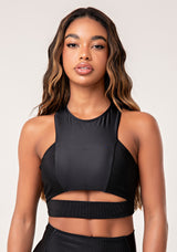Top Fitness Feminino Preto Cut-out Com Detalhe Canelado Lush Dlk