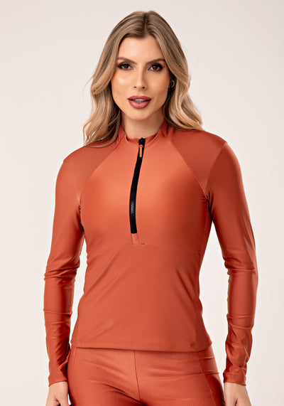 Casaco Feminino Terracota Gola Alta E Detalhe Canelado Lush Dlk