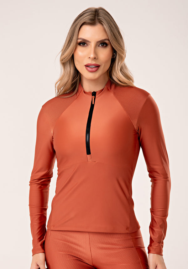 Casaco Feminino Terracota Gola Alta E Detalhe Canelado Lush Dlk