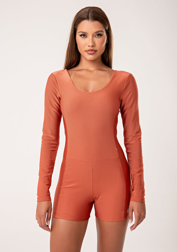 Macaquinho Fitness Feminino Terracota Manga Longa Com Detalhe Canelado Lush Dlk