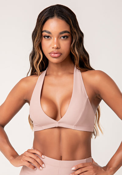 Top Fitness Feminino Nude Com Decote V Transpassado Lush Dlk