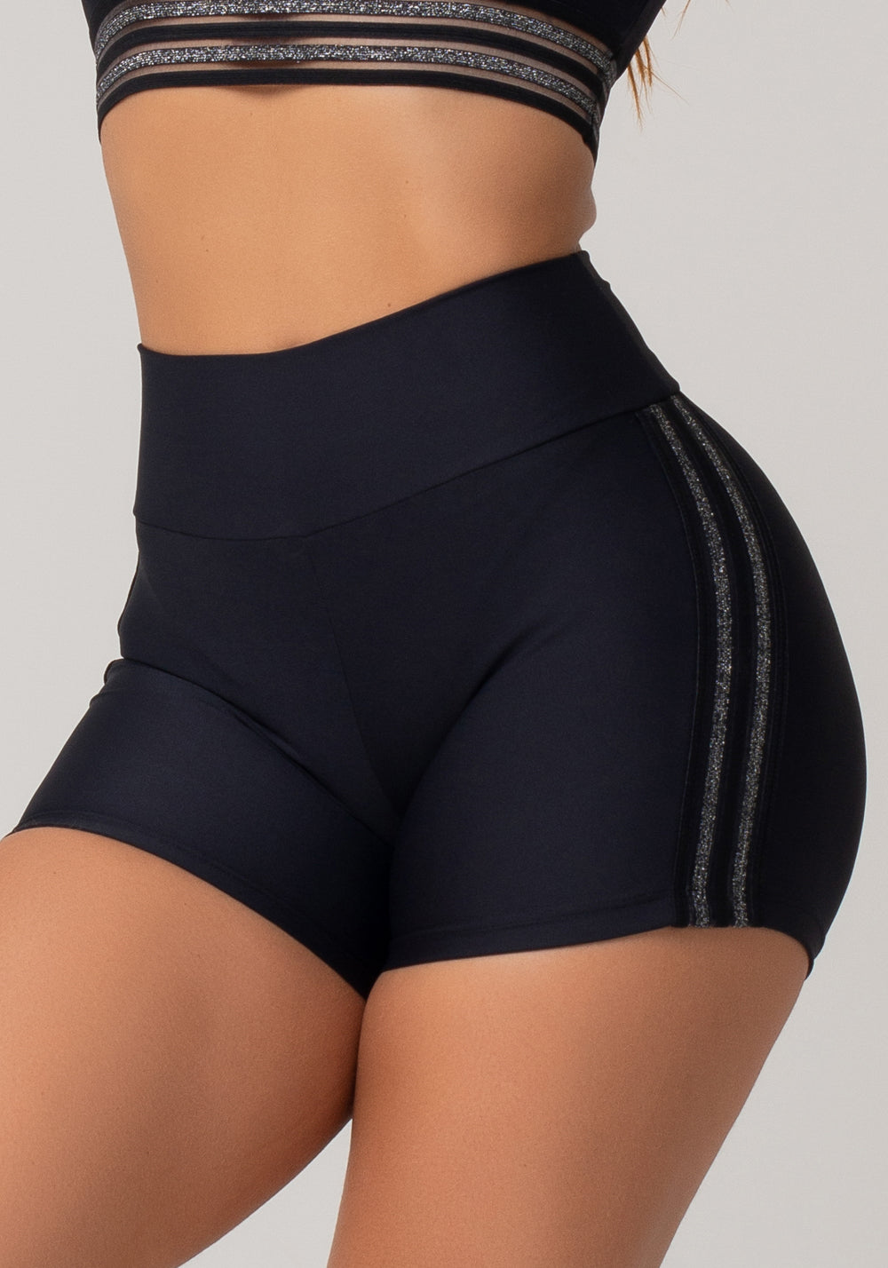 Short Fitness Feminino Preto Com Elástico Em Lurex Nation Dlk