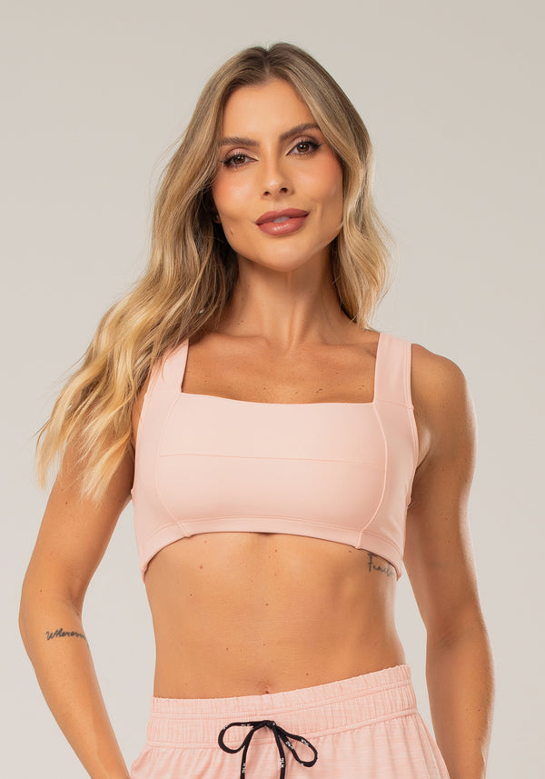 Top Fitness Feminino Rosê Com Decote Reto E Recortes Dlk