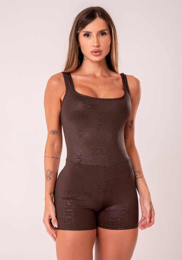 Macaquinho Fitness Feminino Marrom Com Decote Quadrado Logomania Reflections Dlk