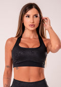 Top Fitness Feminino Preto Com Bojo E Recortes Logomania Reflections Dlk