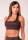Top Fitness Feminino Marrom Com Bojo E Recortes Logomania Reflections Dlk