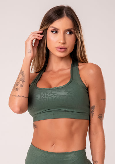 Top Fitness Feminino Verde Com Bojo E Recortes Logomania Reflections Dlk