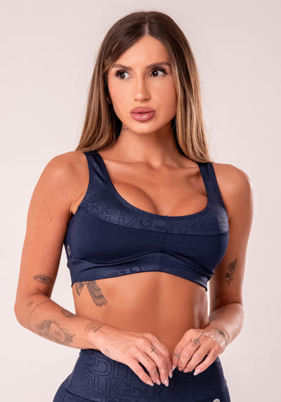 Top Fitness Feminino Azul Marinho Com Recortes Logomania Reflections Dlk