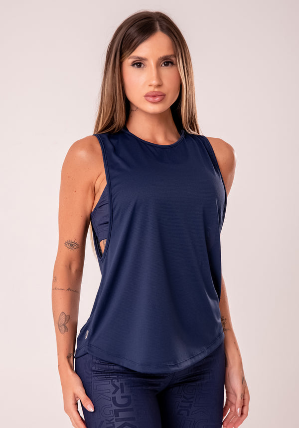 Camiseta Fitness Feminina Azul Marinho Com Maxi Cava Reflections Dlk