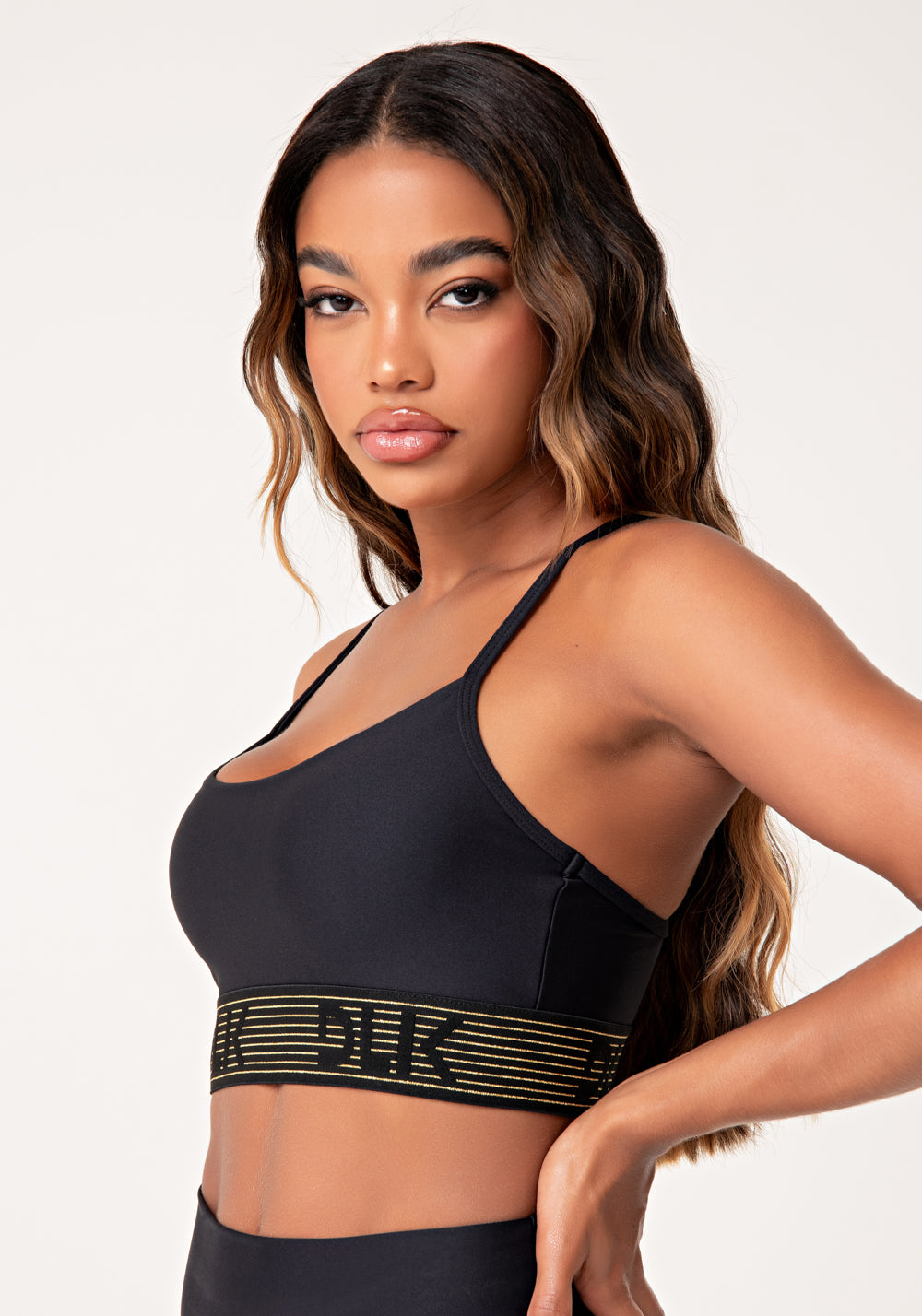 Top Fitness Feminino Preto Com Bojo E Elástico Lurex Lush Dlk