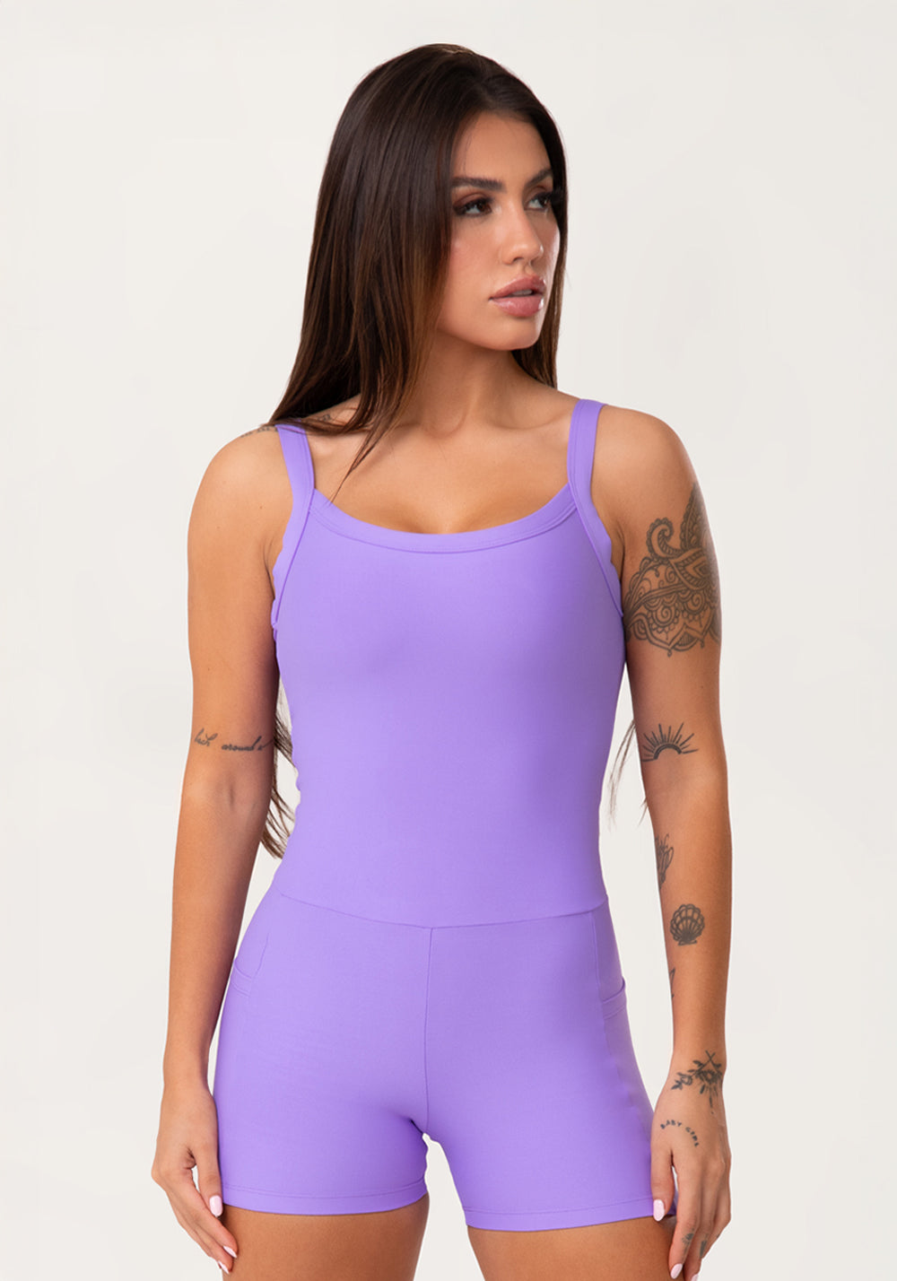 Macaquinho Fitness Feminino Lavanda Com Bolsos Aura Dlk