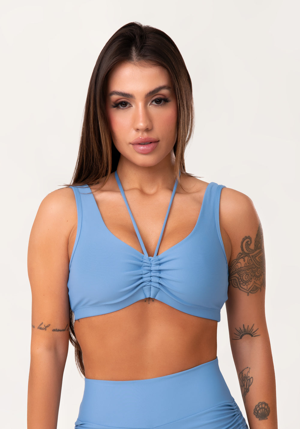 Top Fitness Feminino Azul Com Franzido E Amarração Aura Dlk