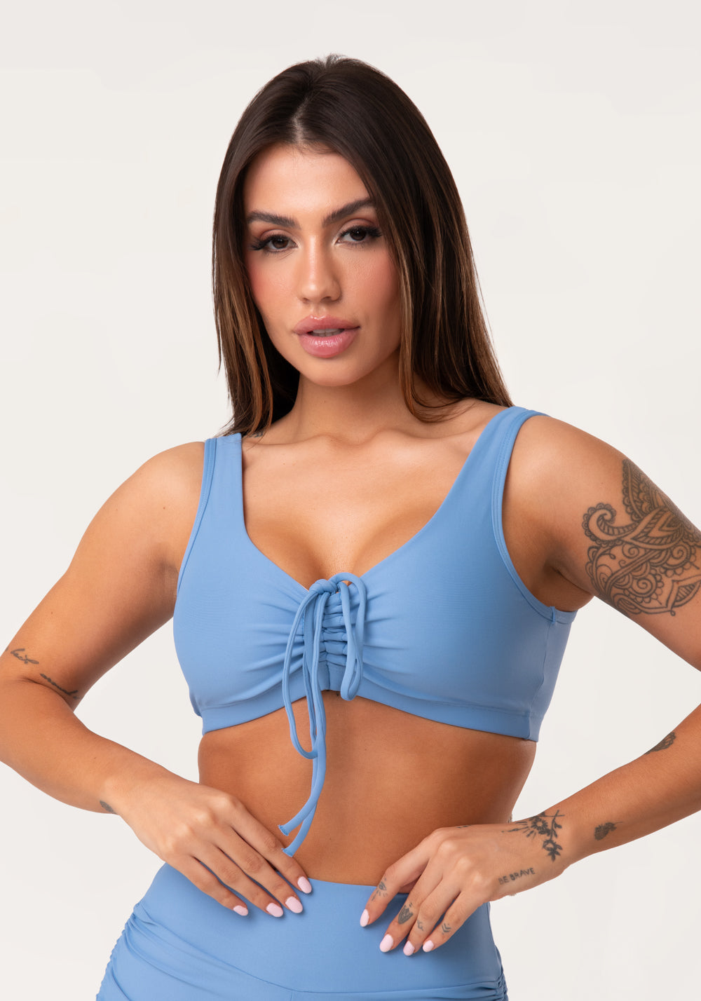 Top Fitness Feminino Azul Com Franzido E Amarração Aura Dlk