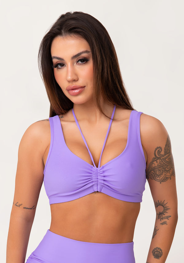 Top Fitness Feminino Lavanda Com Franzido E Amarração Aura Dlk