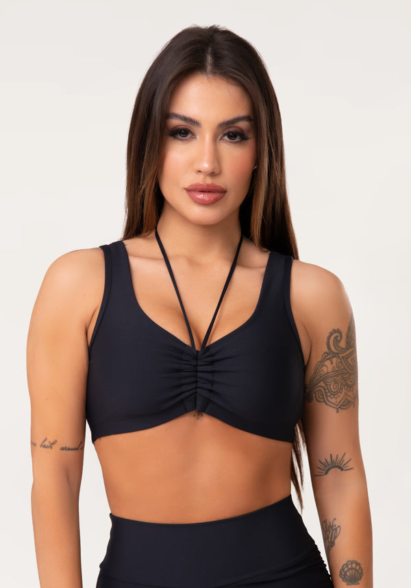 Top Fitness Feminino Preto Com Franzido E Amarração Aura Dlk