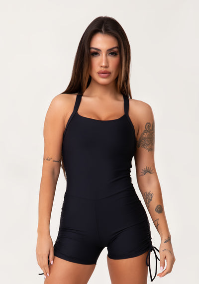 Macaquinho Fitness Feminino Preto Com Franzido Aura Dlk