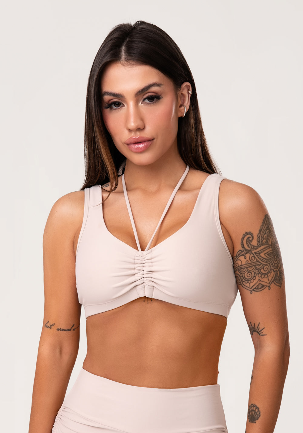 Top Fitness Feminino Nude Com Franzido E Amarração Aura Dlk