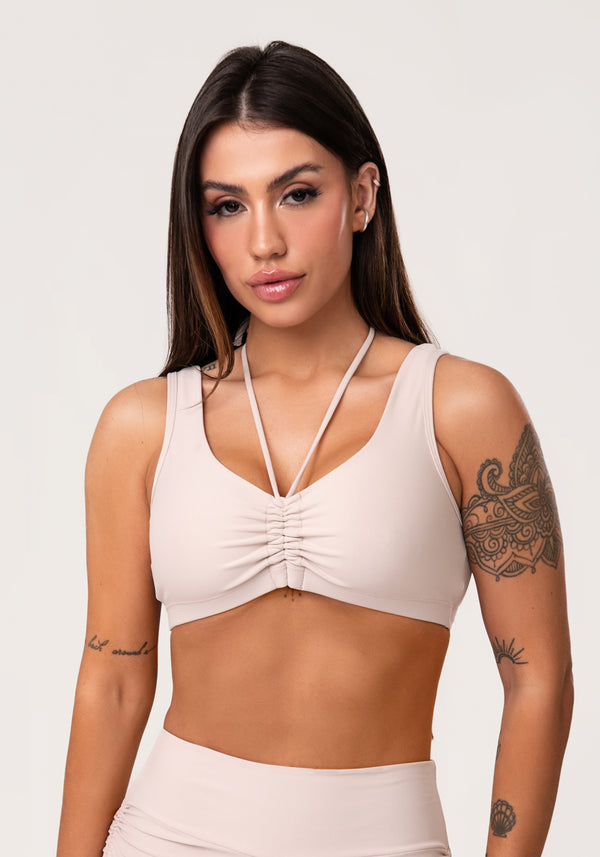 Top Fitness Feminino Nude Com Franzido E Amarração Aura Dlk
