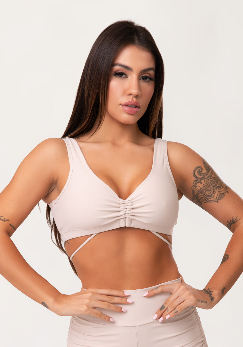 Top Fitness Feminino Nude Com Franzido E Amarração Aura Dlk