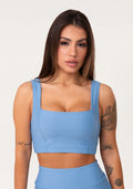 Top Fitness Feminino Azul Decote Reto Com Recortes Aura Dlk
