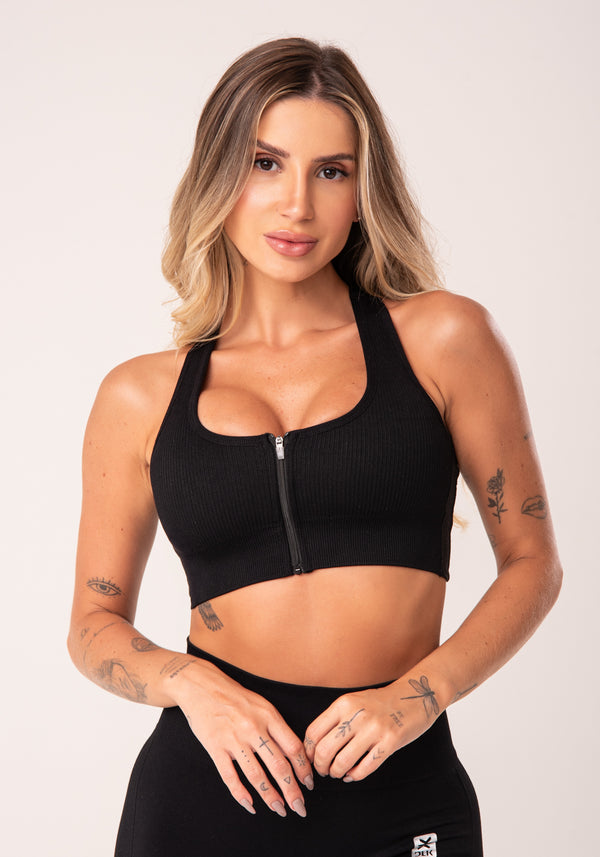 Top Fitness Feminino Nadador Com Bojo E Zíper Preto Seamless+ Dlk