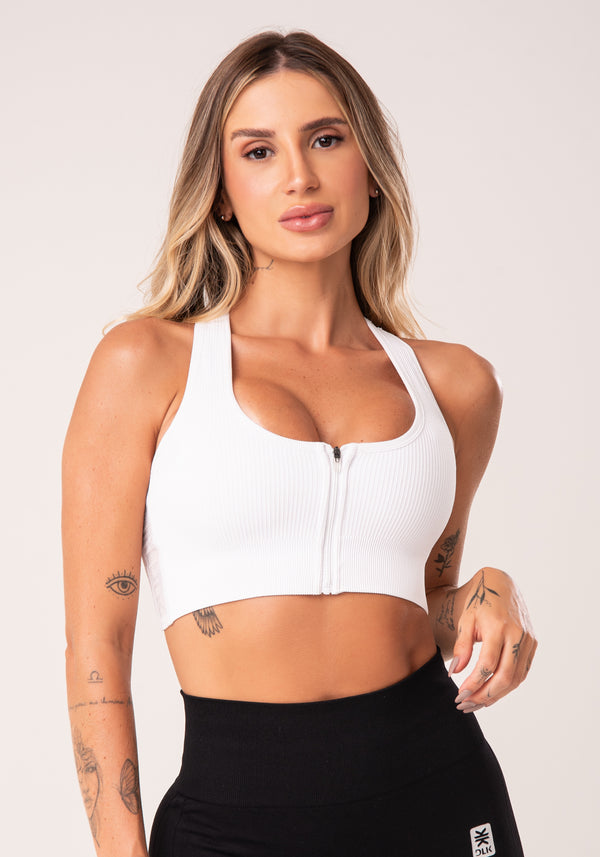 Top Fitness Feminino Nadador Com Bojo E Zíper Branco Seamless+ Dlk