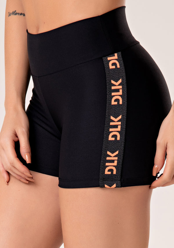Short Fitness Feminino Preto Com Elástico Lateral Laranja Energy Dlk