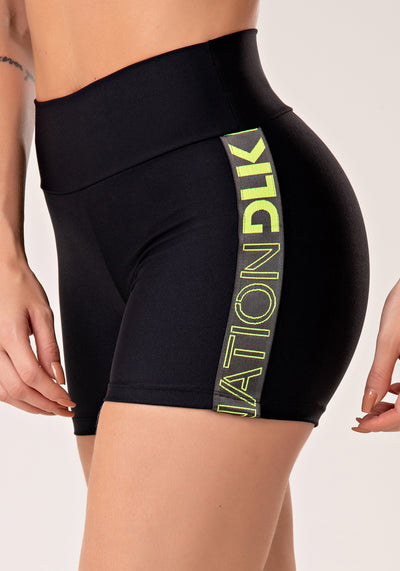 Short Fitness Feminino Preto Com Elástico Lateral Grafite E Amarelo Flúor Nation Dlk